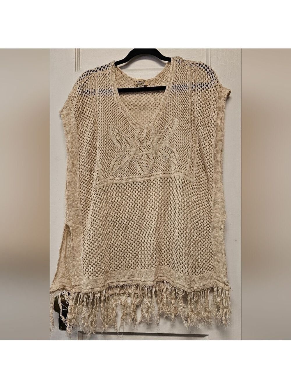 One World Beige Knit Poncho with Fringe Size 2XL